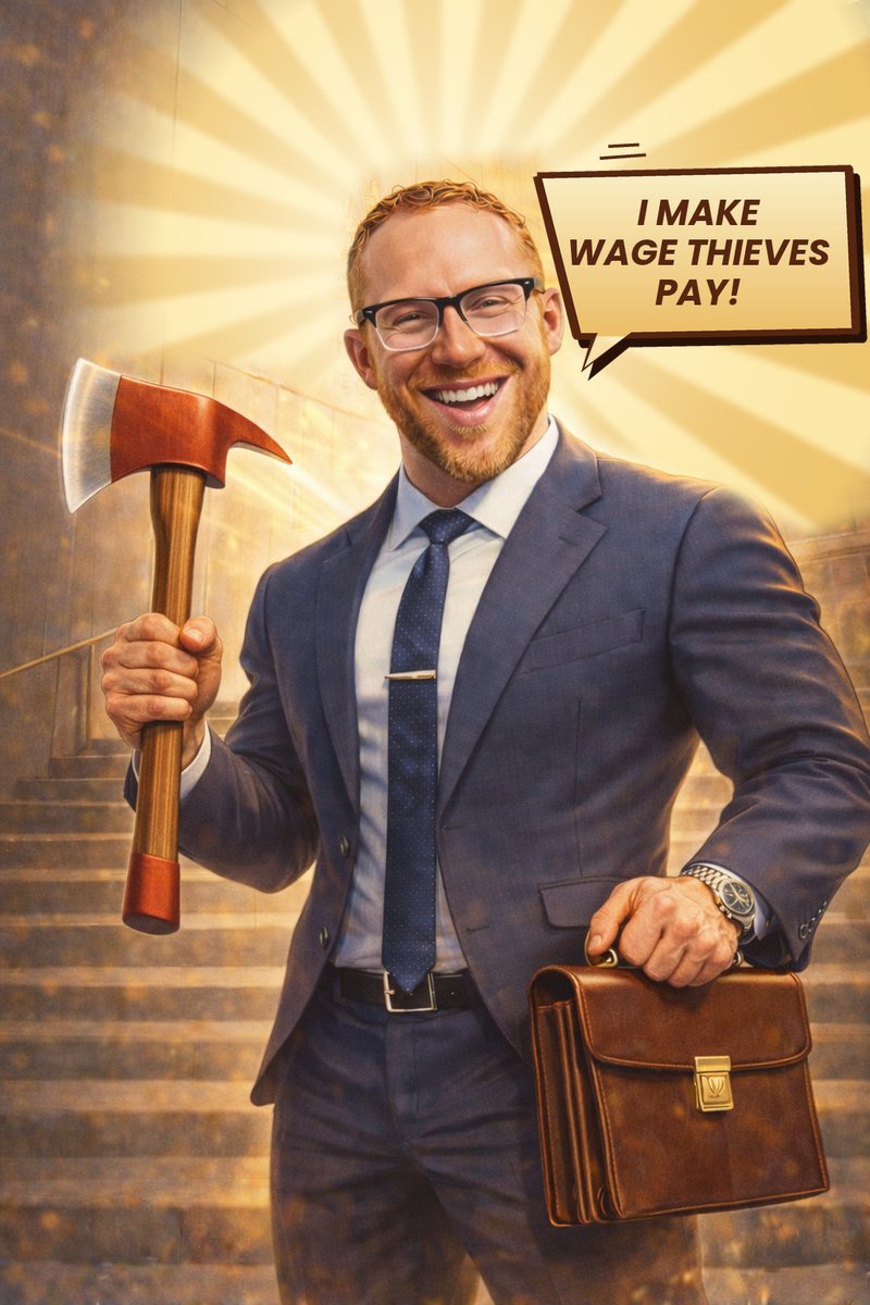 Illustration of Attorney Ryan Stygar in a suit, holding a firefighter's axe and a briefcase, with a speech bubble that says: I make wage thieves pay!